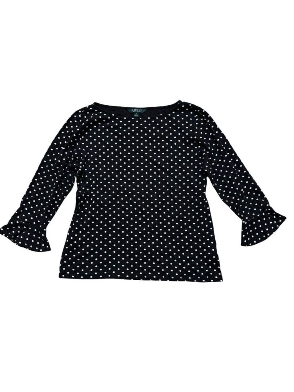 Lauren Ralph Lauren Polka Dot Top XL Black Stretch Bell Sleeve Blouse